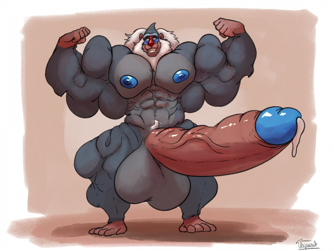 abs anthro balls beard biceps big_muscles big_penis blue_glans blue_nipples bodily_fluids cum cum_drip dripping erection facial_hair flexing genital_fluids genitals glans grin huge_muscles huge_penis humanoid_genitalia humanoid_penis hyper hyper_genitalia hyper_muscles hyper_penis male muscular nipples pecs penis smile solo vein veiny_penis uniparasite disney the_lion_king rafiki haplorhine mammal mandrill monkey old_world_monkey primate 4:3