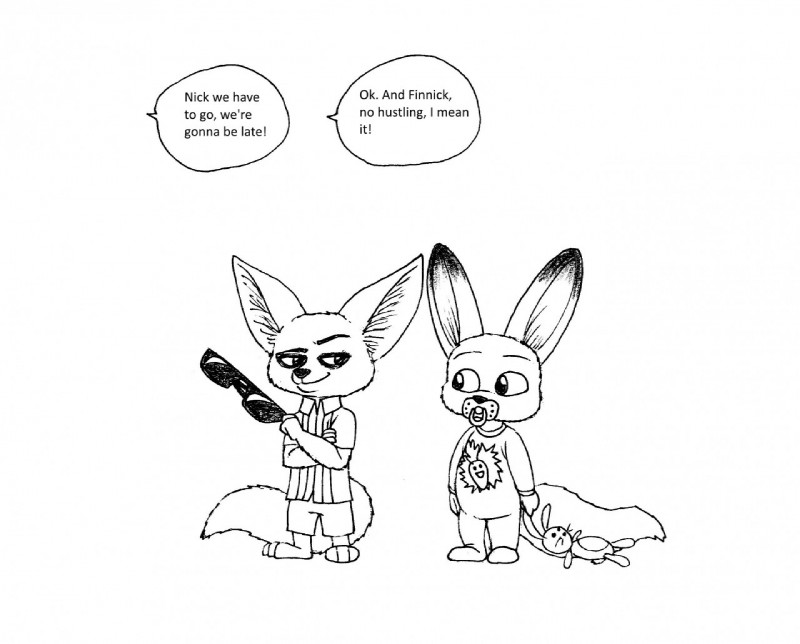 ambiguous_gender anthro clothing duo eyewear fur male short simple_background speech_bubble sunglasses text white_background young bernielover disney zootopia bibi_wilde finnick_(zootopia) canid canine fennec_fox fox lagomorph leporid mammal rabbit true_fox 2016 english_text monochrome