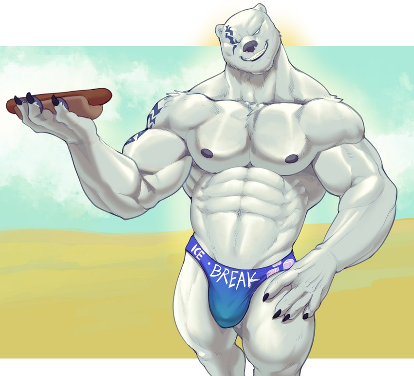 5_fingers abs anthro arm_tattoo arm_tuft belly biceps big_biceps big_bulge big_deltoids big_muscles big_pecs black_claws black_nipples black_nose black_pawpads blue_arms blue_background blue_clothing blue_eyes blue_face blue_head blue_speedo blue_swimwear blue_tattoo bulge cheek_tuft chest_tuft chin_tuft claws clothed clothing dark_claws dark_nipples dark_nose dark_pawpads deltoids empty_eyes facial_tattoo facial_tuft finger_tuft fingers food food_fetish forearm_muscles front_view fur fur_tattoo fur_tuft glistening glistening_arms glistening_body glistening_chest glistening_ears glistening_face glistening_fingers glistening_fur glistening_hands glistening_head glistening_legs glistening_neck grin half-closed_eyes hand_on_leg hand_on_own_leg holding_food holding_object hot_dog hot_dog_bun huge_deltoids huge_muscles huge_pecs humanoid_hands latissimus_dorsi light_arms light_belly light_body light_chest light_clothing light_ears light_eyes light_face light_fingers light_fur light_hands light_head light_legs light_neck light_speedo light_swimwear male male_anthro manly meat monotone_belly monotone_chest monotone_hands monotone_legs monotone_neck multicolored_body multicolored_fur muscular muscular_anthro muscular_arms muscular_legs muscular_male muscular_thighs narrowed_eyes navel neck_muscles neck_tuft nipples oiled oiled_body oiled_fur open_mouth open_smile pawpads pecs pose quads sausage serratus simple_background skimpy skimpy_speedo skimpy_swimwear small_eyes smile smiling_at_viewer solo speedo speedo_only standing suggestive suggestive_food swimwear tattoo text text_on_clothing text_on_speedo text_on_swimwear thick_arms thick_neck thick_thighs tight_clothing tight_speedo tight_swimwear topless topless_anthro topless_male trapezius triceps tuft two_tone_arms two_tone_body two_tone_face two_tone_fur two_tone_head two_tone_speedo white_arms white_background white_belly white_body white_chest white_clothing white_ears white_face white_fingers white_fur white_hands white_head white_legs white_neck white_speedo white_swimwear white_text yellow_background bristol league_of_legends riot_games tencent volibear bear mammal polar_bear ursine 2023 colored digital_drawing_(artwork) digital_media_(artwork) english_text hi_res portrait shaded three-quarter_portrait