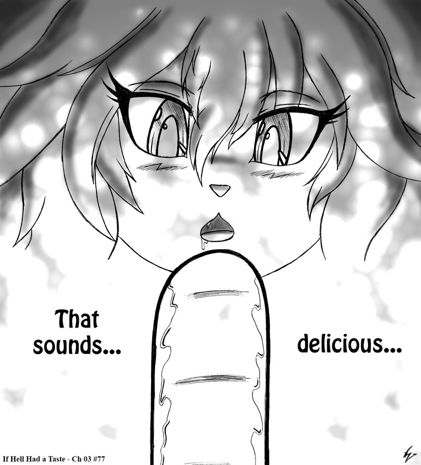 anthro blush bodily_fluids candy caramel_(food) corndog dessert drooling female food hair open_mouth saliva solo text viroveteruscy if_hell_had_a_taste marci_hetson domestic_cat felid feline felis mammal 2016 comic english_text hi_res monochrome