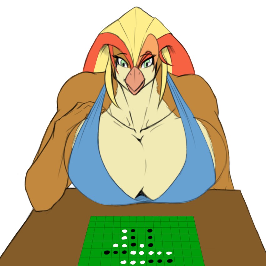 beak blonde_hair board_game breasts cleavage clothed clothing curl female furniture green_eyes hair hand_on_chest long_hair red_hair reversei smile solo table kosmonius third-party_edit nintendo pokemon rosa_pyle avian bird generation_1_pokemon pidgeot pokemon_(species) 1:1 flat_colors half-length_portrait hi_res portrait