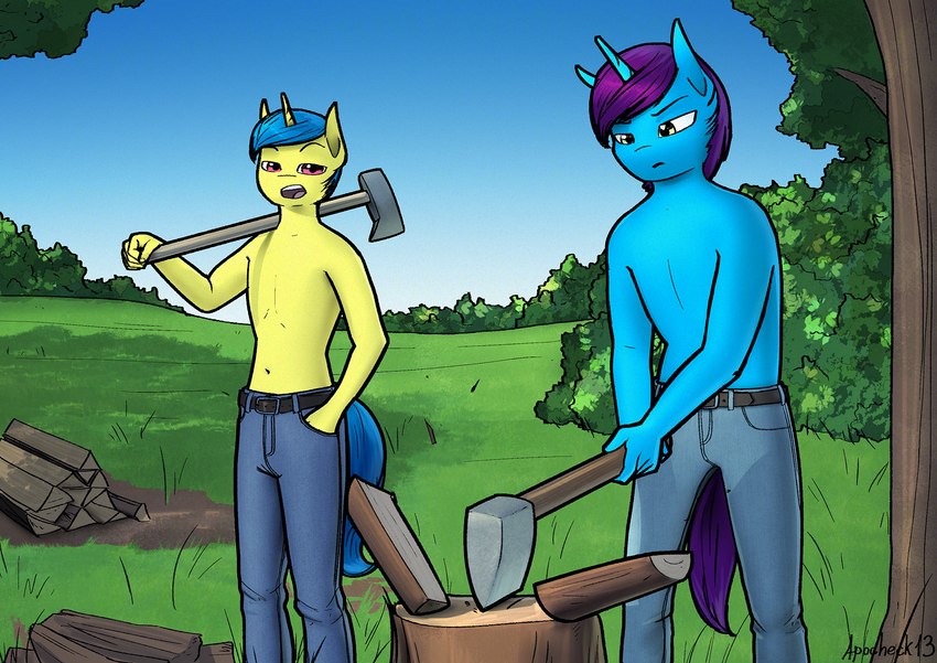 anthro axe bottomwear clothed clothing denim denim_bottomwear denim_clothing duo horn jeans male outside pants shirtless topless topless_male wood apocheck13 conditional_dnp hasbro my_little_pony mythology flash_gordon equid equine horse mammal mythological_creature mythological_equine pony unicorn hi_res