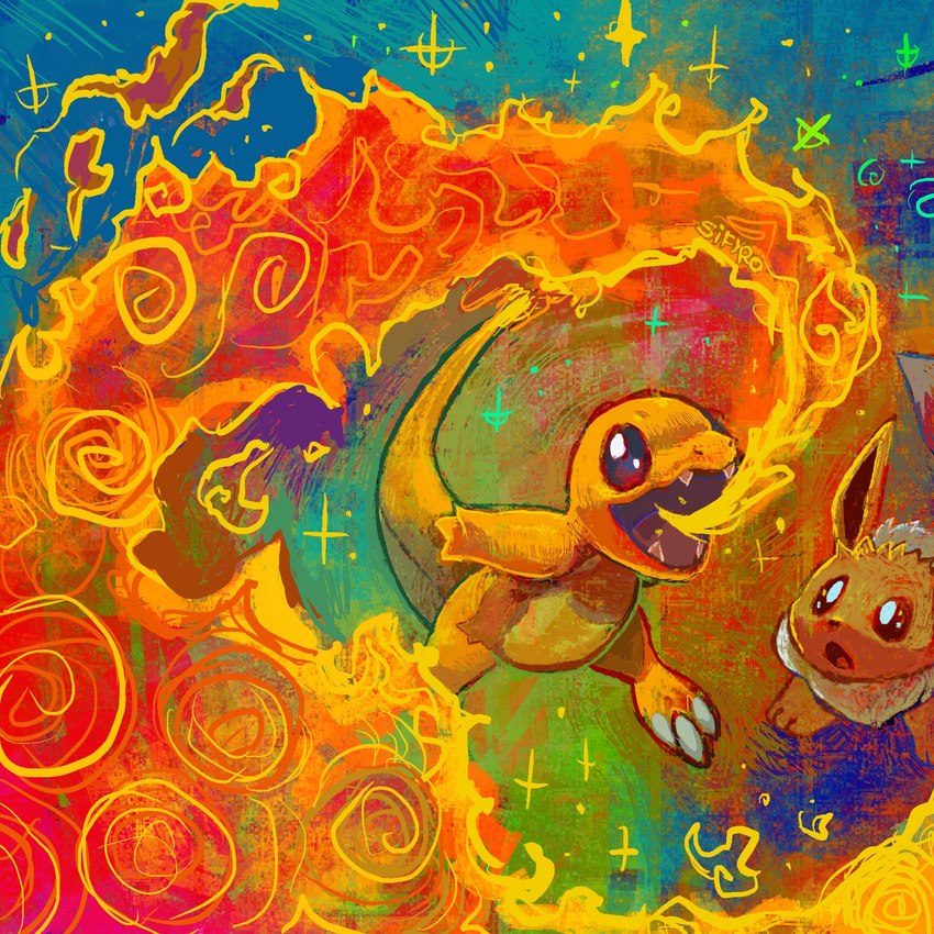 ambiguous_gender claws colorful_background duo feral fire orange_body painting blitzdrachin conditional_dnp nintendo pokemon canid charmander eevee generation_1_pokemon mammal pokemon_(species) hi_res tagme