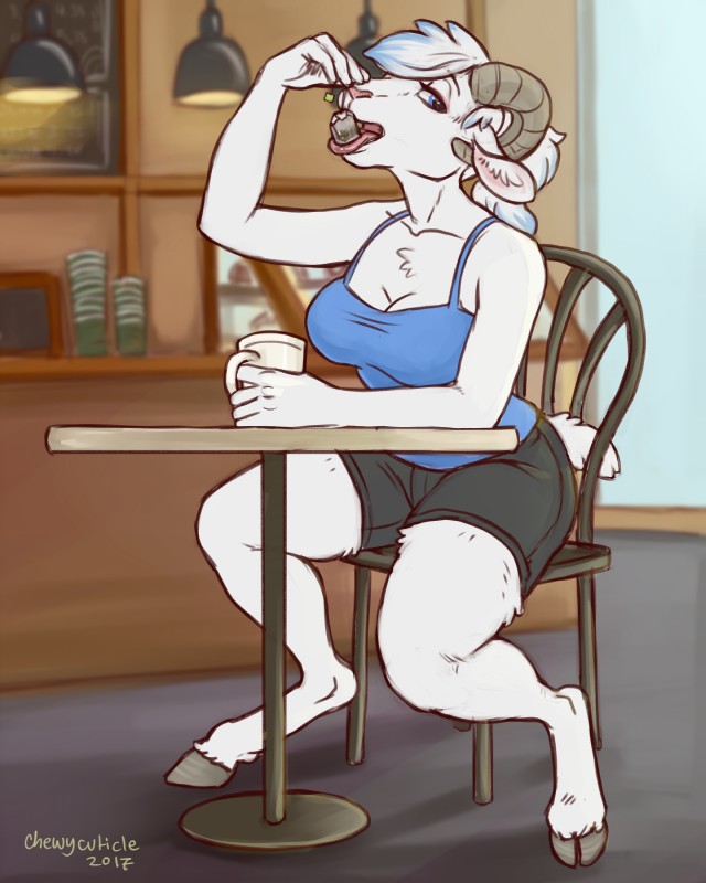 anthro beverage blue_eyes blue_hair bottomwear breasts chair chest_tuft cleavage clothed clothing container cup female fur furniture hair hooves licking multicolored_hair ponytail seductive shorts solo table tea tea_bag tongue tongue_out tuft two_tone_hair white_body white_fur white_hair chewycuticle bovid caprine domestic_sheep hair_sheep mammal sheep wiltshire_horn 2017 4:5 absurd_res digital_media_(artwork) hi_res shaded