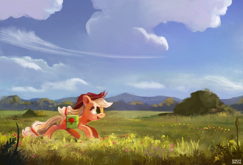 bag blonde_hair clothing cloud cowboy_hat female field flower freckles grass green_eyes hair hat headgear headwear mountain outside plant running sky solo ajvl friendship_is_magic hasbro my_little_pony applejack_(mlp) earth_pony equid equine horse mammal pony 2014 hi_res