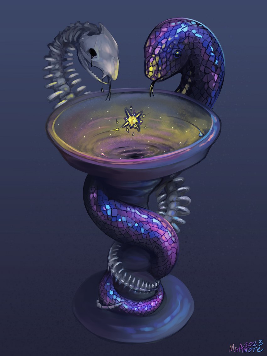 ambiguous_gender bone bowl bowl_of_hygieia container cup duo feral glistening glowing goblet metaphor scales serpentine simple_background skeleton sparkles sparkling_character star tail tongue miramore reptile scalie snake 2023 3:4 absurd_res digital_media_(artwork) hi_res signature