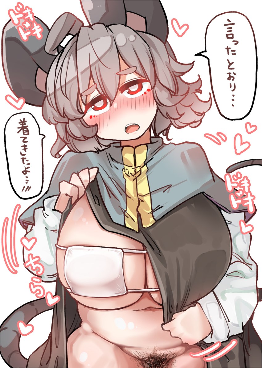 ahoge belly big_breasts bikini bikini_top blush breasts capelet clothed clothing clothing_lift female grey_capelet grey_hair hair heart_symbol mouse_tail navel open_mouth pubes red_eyes short_hair slightly_chubby solo speech_bubble swimwear tail teeth text tongue two-piece_swimsuit sabitare touhou nazrin animal_humanoid humanoid mammal mammal_humanoid mouse_humanoid murid murid_humanoid murine murine_humanoid rodent rodent_humanoid absurd_res hi_res japanese_text translation_request