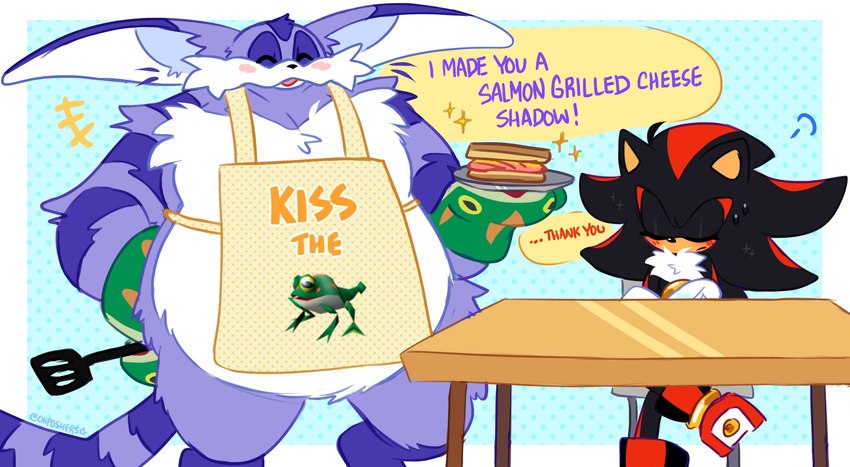 anthro apron apron_only belly black_body black_fur blush clothing cooking duo embarrassed food fur furniture handwear male oven_mitts overweight purple_body purple_fur sandwich_(food) sitting spatula striped_body striped_fur stripes table tools ohposhers sega sonic_the_hedgehog_(series) big_the_cat shadow_the_hedgehog domestic_cat eulipotyphlan felid feline felis hedgehog mammal hi_res