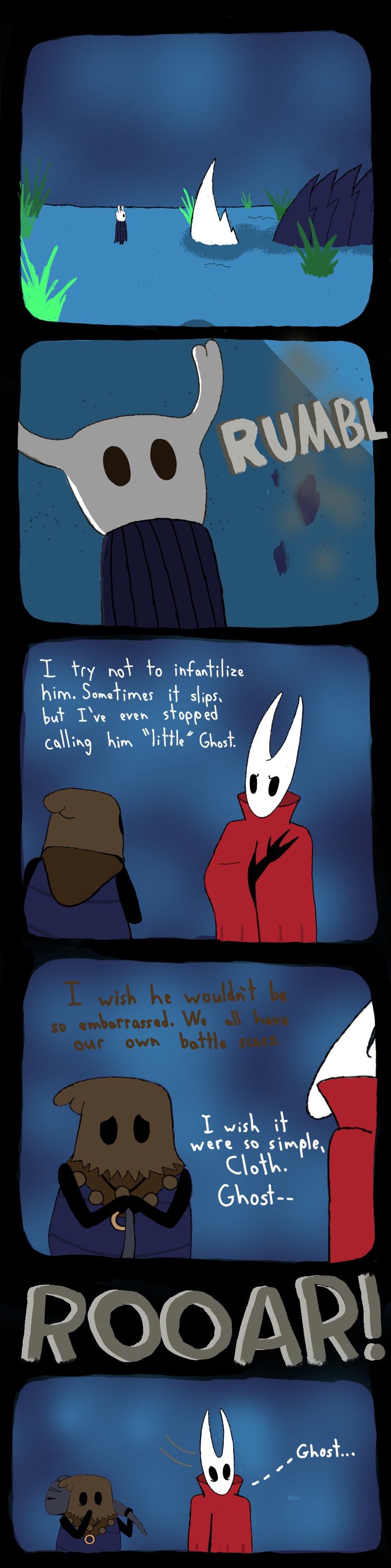 ambiguous_gender anthro clothed clothing dialogue duo female size_difference solo text topwear soiledvessels hollow_knight team_cherry cloth_(hollow_knight) hornet_(hollow_knight) the_knight_(hollow_knight) arthropod insect vessel_(species) absurd_res comic digital_media_(artwork) english_text hi_res long_image tall_image