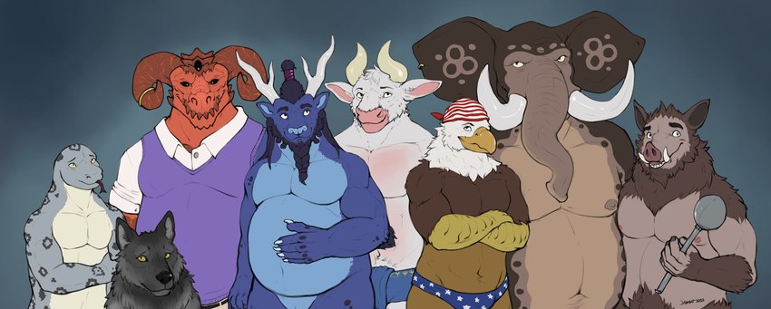 american_flag anthro beard black_hair blue_body bottomwear brown_body brown_fur clothing crossed_arms facial_hair feral fur grey_body group group_photo hair horn kerchief loincloth looking_at_viewer male markings musclegut muscular muscular_anthro muscular_male nipples nude overweight overweight_anthro overweight_male posing_for_picture shirtless slightly_chubby speedo spots spotted_body swimwear tusks united_states_of_america danero asian_mythology east_asian_mythology european_mythology greek_mythology minotaur_hotel mythology argos_(minotaur_hotel) asterion_(minotaur_hotel) khenbish_(minotaur_hotel) kota_(minotaur_hotel) luke_(minotaur_hotel) robert_(minotaur_hotel) themba_(minotaur_hotel) wolf_(minotaur_hotel) accipitrid accipitriform avian bald_eagle bird bovid bovine canid canine canis demon dragon eagle eastern_dragon elephant elephantid grootslang gryphon mammal minotaur mythological_avian mythological_creature mythological_scalie proboscidean reptile scalie sea_eagle snake suid suine sus_(pig) wild_boar wolf absurd_res hi_res