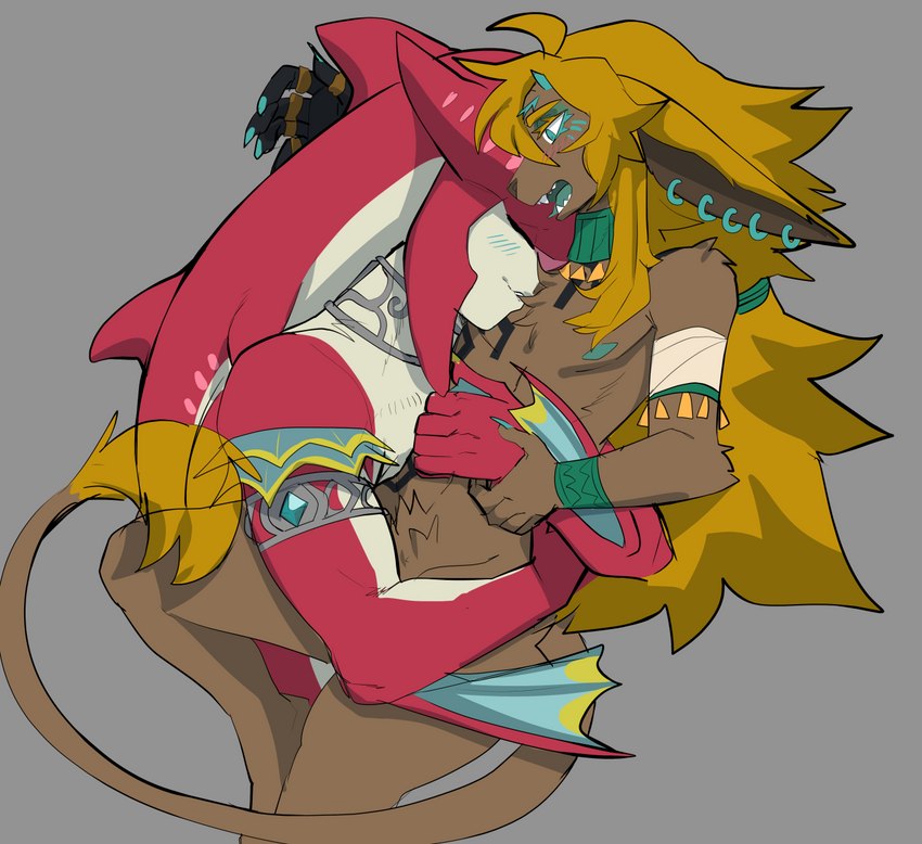 alternate_species anthro duo hug male male/male nude piercing rauru's_arm tail 6my nintendo tears_of_the_kingdom the_legend_of_zelda link link_(zonai_form) prince_sidon zonai_link fish marine zonai zora digital_media_(artwork)