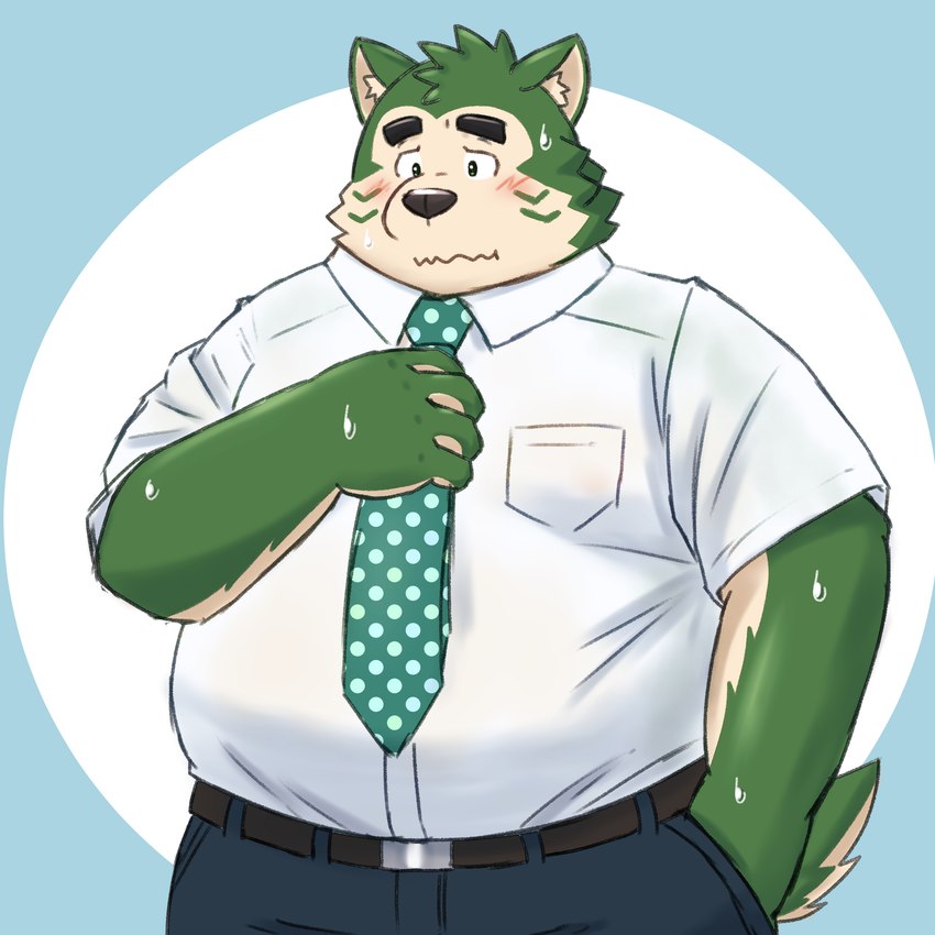 anthro black_nose blush bottomwear clothing green_body humanoid_hands kemono male necktie overweight overweight_male pants shirt solo topwear yaki_atsuage lifewonders live_a_hero mokdai canid canine canis domestic_dog mammal 1:1 2023 hi_res