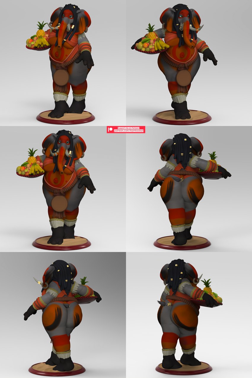 anthro big_breasts big_butt breasts butt dreadlocks ear_piercing ear_ring female food fruit piercing plant platter ring_piercing solo thick_thighs tusks under_boob wide_hips bambookat elephant elephantid mammal proboscidean 2:3 3d_(artwork) absurd_res digital_media_(artwork) hi_res