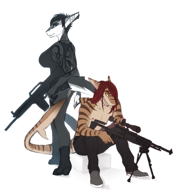 anthro big_breasts black_hair blue_eyes breasts clothing countershading crossgender duo ear_piercing female gun hair holding_gun holding_object holding_ranged_weapon holding_weapon huge_breasts long_hair looking_at_viewer male muscular nipple_piercing nipples non-mammal_breasts nude pecs piercing ranged_weapon red_hair smile stripes tail tattoo teeth trigger_discipline weapon piranhapettingzoo riptide_(riptideshark) syrena_(riptideshark) fish marine shark 2014 hi_res