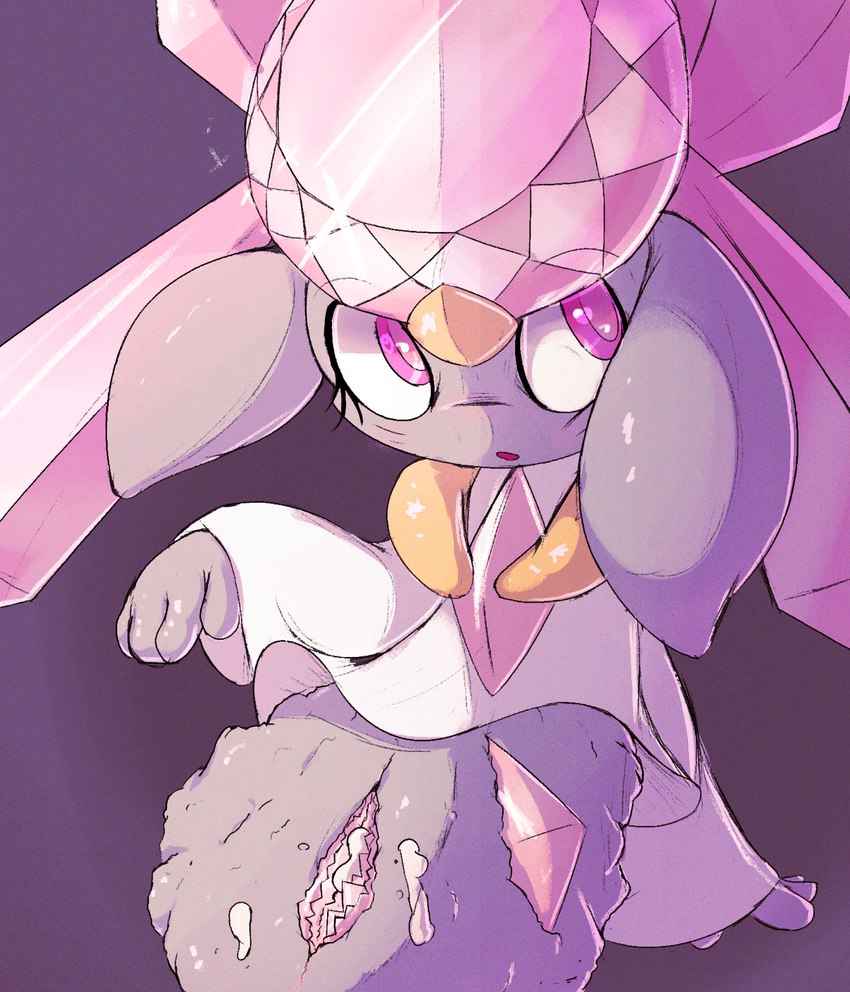 blush bodily_fluids bottomwear clothing cum female feral genital_fluids genitals pussy simple_background solo lodetail nintendo pokemon diancie elemental_creature generation_6_pokemon humanoid legendary_pokemon mineral_fauna pokemon_(species) 2024 digital_media_(artwork) hi_res