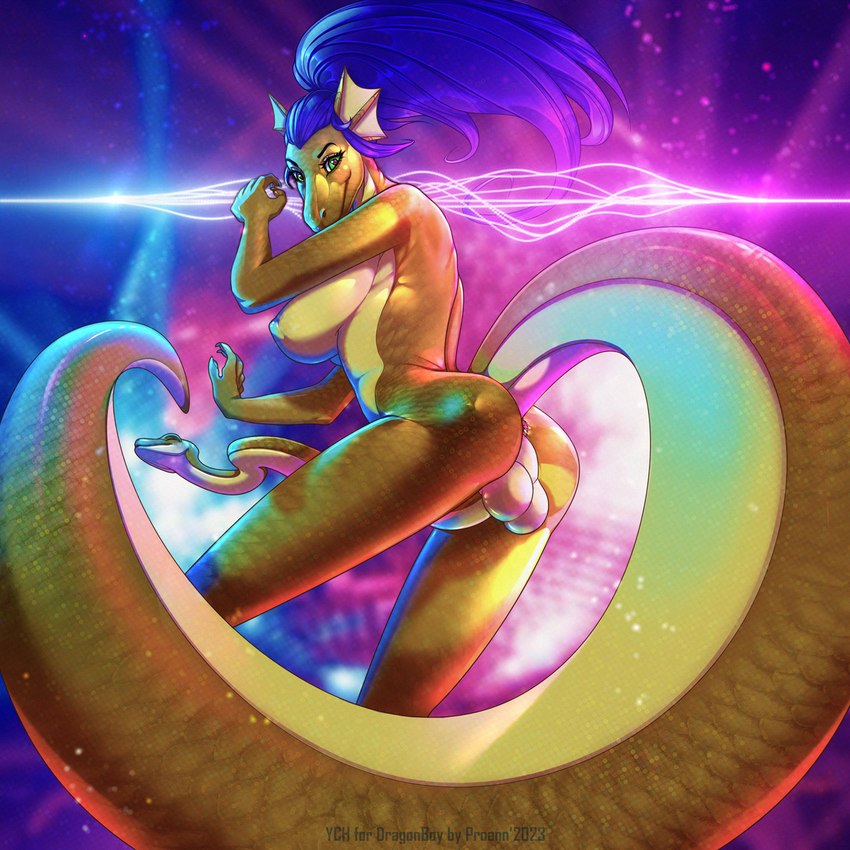 anthro anus balls blue_hair breasts butt dancing disco female frill_(anatomy) genitals green_eyes gynomorph hair intersex long_hair looking_at_viewer membrane_(anatomy) membranous_frill nipples non-mammal_breasts non-mammal_nipples nude nude_anthro penis ponytail scales sentient_penis smile snake_penis solo tail thick_tail unusual_anatomy unusual_genitalia unusual_penis yellow_body lynxcatgirl proann mythology valrejn valla_(valrejn) dragon mythological_creature mythological_scalie reptile scalie snake 1:1 digital_media_(artwork) hi_res