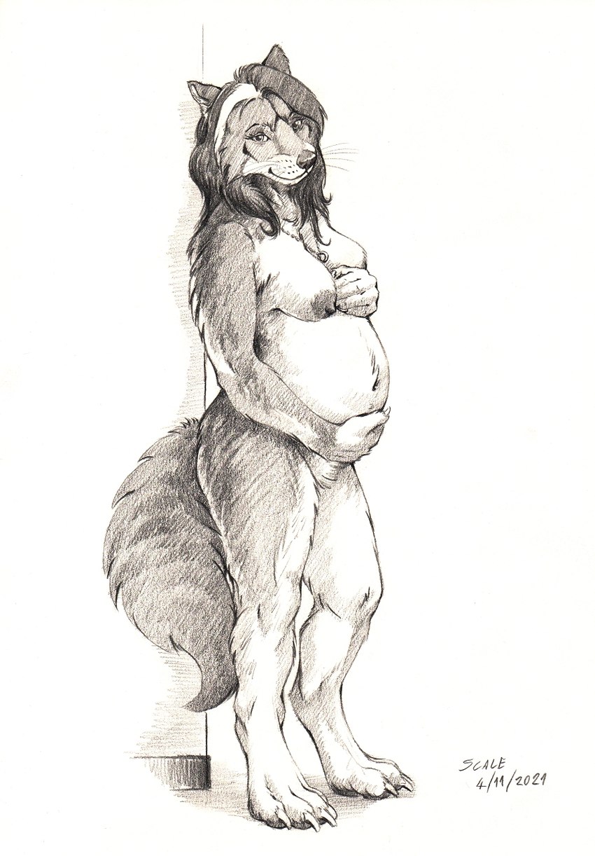 4_toes 5_fingers anthro belly big_belly breasts cheek_tuft claws digitigrade facial_tuft feet female finger_claws fingers fur hair hand_on_belly hand_on_own_belly hindpaw jewelry life_drawing looking_at_viewer navel necklace nipples nude paws pregnant pregnant_anthro pregnant_female smile smiling_at_viewer solo standing tail toe_claws toes tuft whiskers scale_(artist) canid canine canis mammal wolf 2021 hi_res signature traditional_media_(artwork)