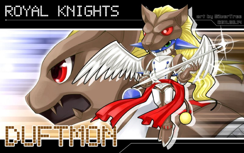 armor blonde_hair brown_body clothing feathered_wings feathers green_eyes hair male melee_weapon red_eyes solo sword tail weapon white_body white_clothing white_feathers wings silvertree bandai_namco digimon digimon_(species) duftmon duftmon_leopard_mode felid leopard leopardmon mammal pantherine