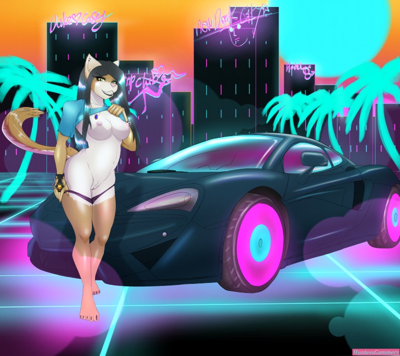 anthro bottomless bracelet breasts clothed clothing female genitals grid grin hair jewelry long_hair looking_at_viewer neon_lights nipples pussy signboard smile solo sports_car standing synthwave huntressgammerz mclaren mclaren_570s felid mammal 2018 absurd_res detailed digital_media_(artwork) hi_res