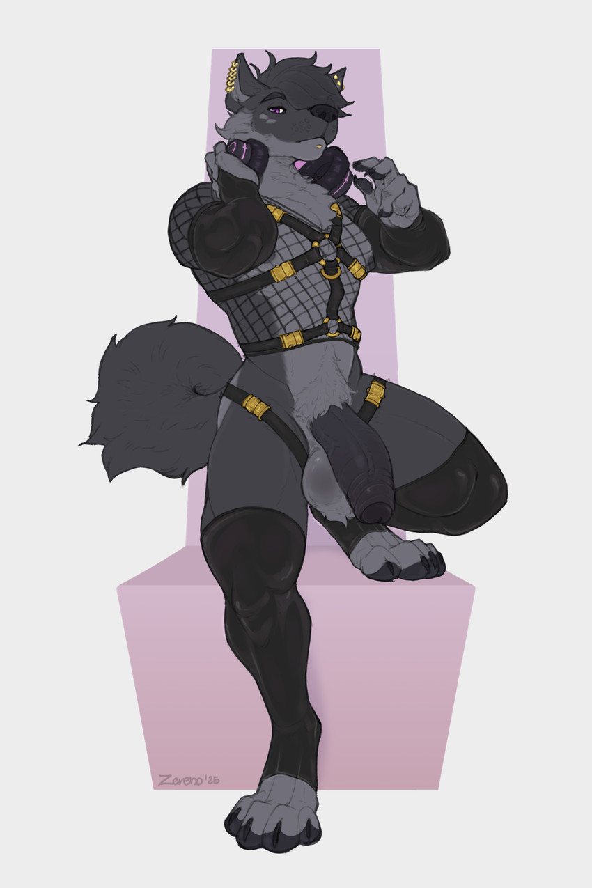 4_toes 5_fingers anthro arm_warmers armwear balls black_body black_claws black_fur black_hair black_nipples black_nose black_pawpads black_penis black_tail claws clothed clothing ear_piercing ear_ring electronics facial_markings feet fingers fishnet_clothing fishnet_shirt fishnet_topwear fluffy fluffy_chest foreskin fur genitals gloves grey_balls grey_body grey_fur grey_pubes hair half-erect hand_on_object handwear harness head_markings headphones headphones_around_neck holding_headphones humanoid_genitalia humanoid_penis industrial_piercing latex latex_arm_warmers latex_armwear latex_clothing latex_gloves latex_handwear latex_legwear latex_stockings latex_thigh_highs legwear looking_at_viewer male markings nipples one_eye_obstructed partially_clothed partially_retracted_foreskin pawpads penis piercing pubes purple_eyes ring_piercing shirt simple_background solo standing stockings tail text thigh_highs toe_claws toes topwear unimpressed vein veiny_penis white_background zereno edugta_(character) canid canine canis mammal wolf 2025 2:3 artist_name digital_media_(artwork) hi_res signature