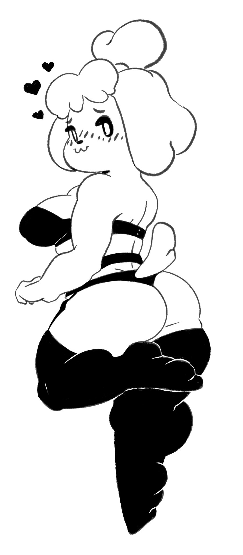 anthro big_breasts blue_eyes bra breasts butt clothing female garter_belt garter_straps legwear lingerie looking_at_viewer panties solo thigh_highs underwear panthera_cantus animal_crossing nintendo isabelle_(animal_crossing) canid canine canis domestic_dog mammal hi_res monochrome