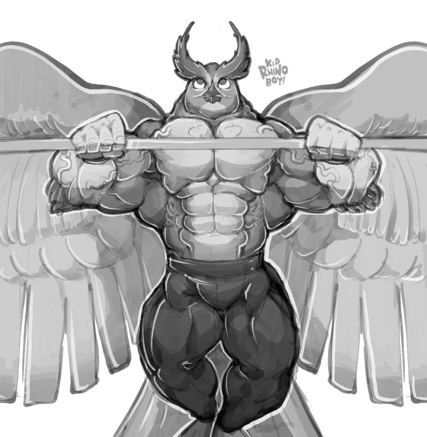 abs anthro barazoku barbell beak bench_press big_muscles bottomwear clothed clothing exercise feathers huge_muscles lying male muscular muscular_anthro muscular_male obliques on_back pants pecs solo text topless topless_male vein veiny_muscles weightlifting wings workout chirros avian bird owl 2021 artist_name greyscale hi_res monochrome