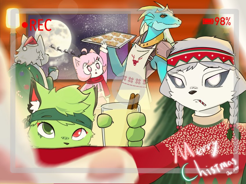 camera_view female festival food group holding_food holding_object holidays inside male moon night text votmelon christmas fan_character canid canine canis domestic_cat felid feline felis fox humanoid mammal wolf 4:3 english_text hi_res