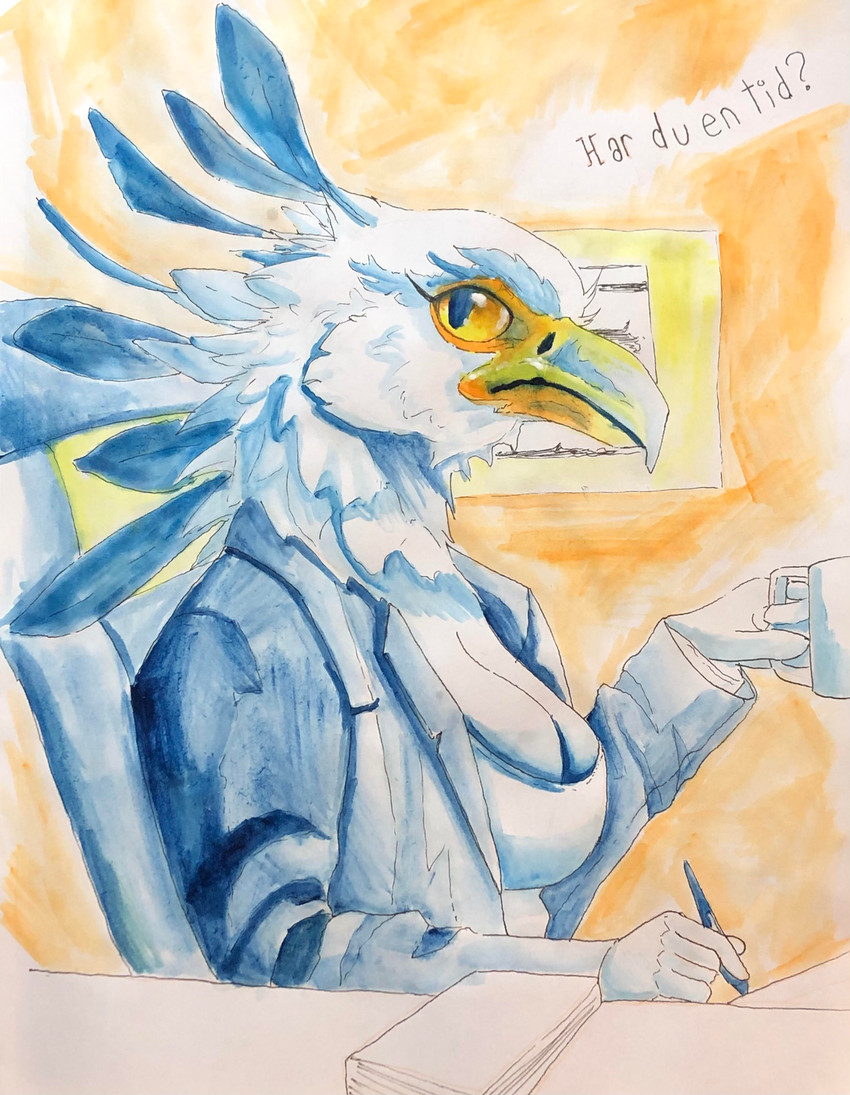 anthro beak black_body black_feathers breasts chair cleavage clothed clothing coffee_mug desk eyelashes feathers female furniture inside non-mammal_breasts office pupils secretary sitting slit_pupils solo table text white_body white_feathers yellow_eyes dew_dragon accipitriform avian bird secretary_bird absurd_res hi_res painting_(artwork) swedish_text traditional_media_(artwork) translated watercolor_(artwork)