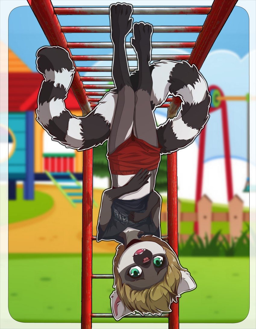 anthro barefoot blonde_hair clothed clothing feet female flat_chested fur green_eyes grey_body grey_fur hair hanging_by_feet markings monkey_bars multicolored_body multicolored_fur outside playground ring_(marking) ringed_tail short_hair solo striped_markings striped_tail stripes tail tail_markings toes upside_down white_body white_fur young young_anthro sicmop lemur mammal primate strepsirrhine alternate_version_at_source hi_res