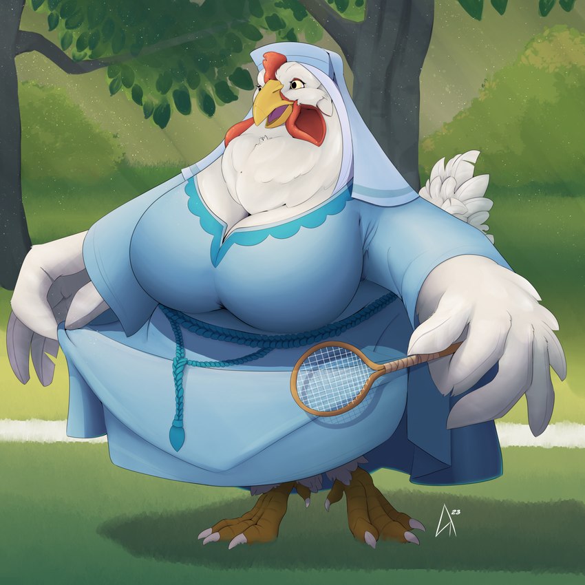 anthro barefoot beak blue_clothing claws clothed clothing dress feathers feet female grass holding_clothing holding_dress holding_object holding_racket open_mouth outside overweight overweight_female plant racket solo standing tail tail_feathers toe_claws tree white_body white_feathers draconder disney robin_hood_(disney) lady_kluck avian bird chicken galliform gallus_(genus) phasianid 1:1 2023 hi_res signature