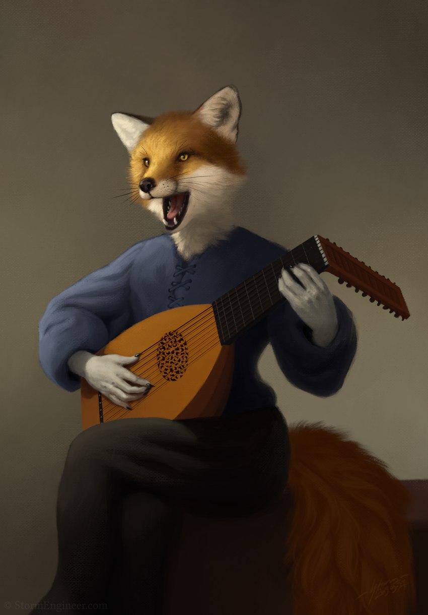 5_fingers ambiguous_gender anthro black_bottomwear black_clothing black_pants blue_clothing blue_shirt blue_topwear bottomwear brown_background clothed clothing fingers fur lute musical_instrument open_mouth orange_body orange_fur pants plucked_string_instrument shirt simple_background solo string_instrument topwear white_body white_fur yellow_eyes storm_engineer canid canine fox mammal 2019 digital_media_(artwork) digital_painting_(artwork) hi_res inspired_by_formal_art