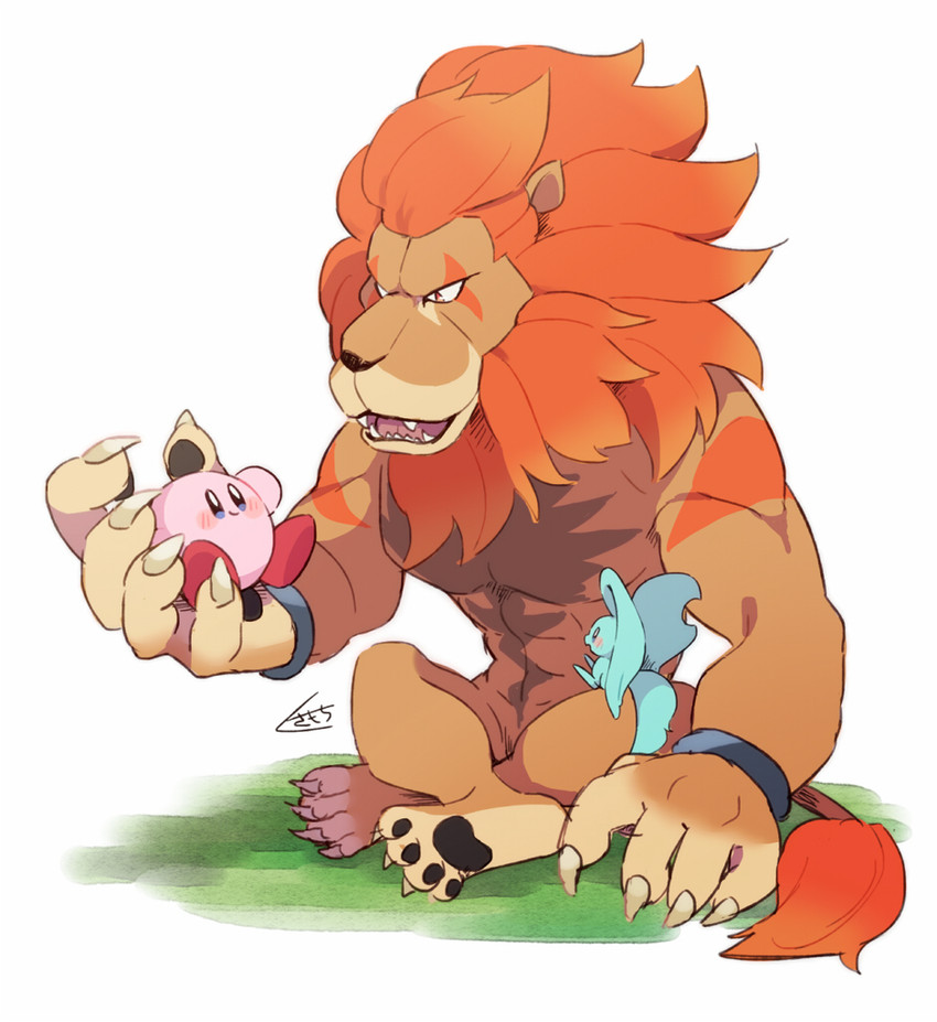 ambiguous_gender anthro big_ears biped bipedal_feral black_pawpads blue_eyes blush blush_stickers brown_body brown_fur carrying_another closed_smile countershade_face countershading crossed_legs dipstick_tail eye_contact fangs feral fluffy fluffy_tail fur grass group holding_another looking_at_another male mane markings mouth_closed mouthless notched_ear open_mouth open_smile orange_body orange_fur orange_mane pawpads pink_body plant red_body semi-anthro simple_background sitting size_difference smile tail tail_markings tan_body tan_claws tan_fur teal_body teal_fur teeth three-quarter_view trio white_background kusamochi kirby_(series) kirby_and_the_forgotten_land nintendo elfilin kirby leongar alien chinchilla chinchillid felid lion mammal pantherine rodent starling_(kirby) waddling_head digital_drawing_(artwork) digital_media_(artwork) full-length_portrait japanese_description portrait signature male_(lore)