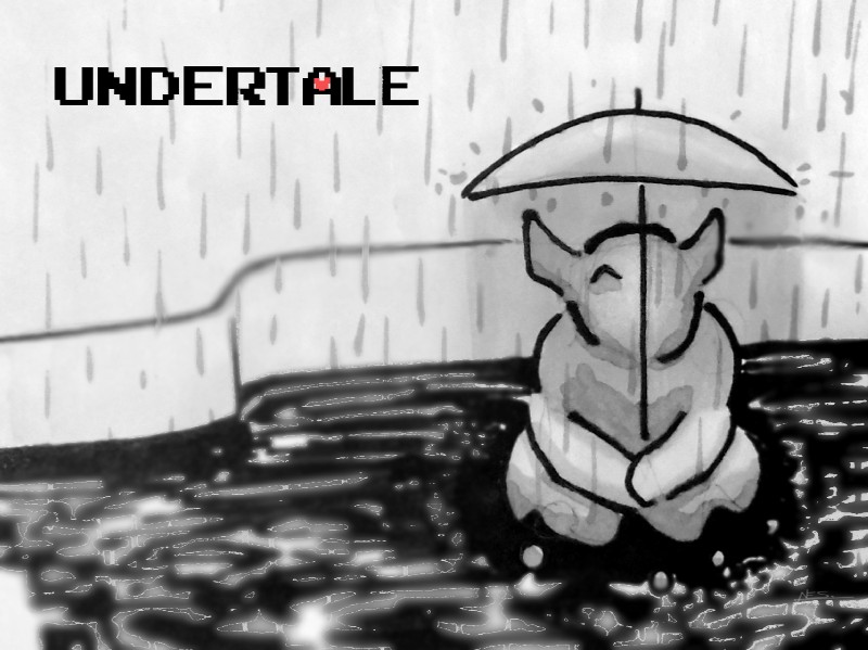 holding_object holding_umbrella horn memory raining sculpture statue text umbrella zero_pictured holt5 undertale undertale_(series) inanimate_object digital_media_(artwork) english_text greyscale monochrome