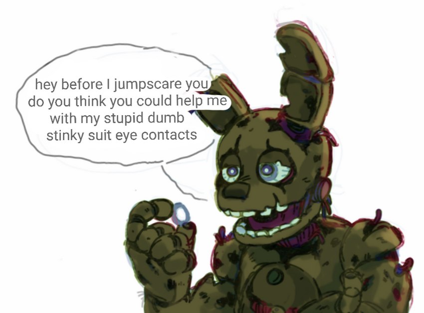 anthro button_(fastener) contact_lenses corpse dialogue gore green_body grey_eyes holding_object machine male notched_ear open_mouth solo speech_bubble talking_to_another text skylordlysander five_nights_at_freddy's five_nights_at_freddy's_3 scottgames springtrap_(fnaf) animatronic lagomorph leporid mammal rabbit robot 2022 digital_drawing_(artwork) digital_media_(artwork) english_text