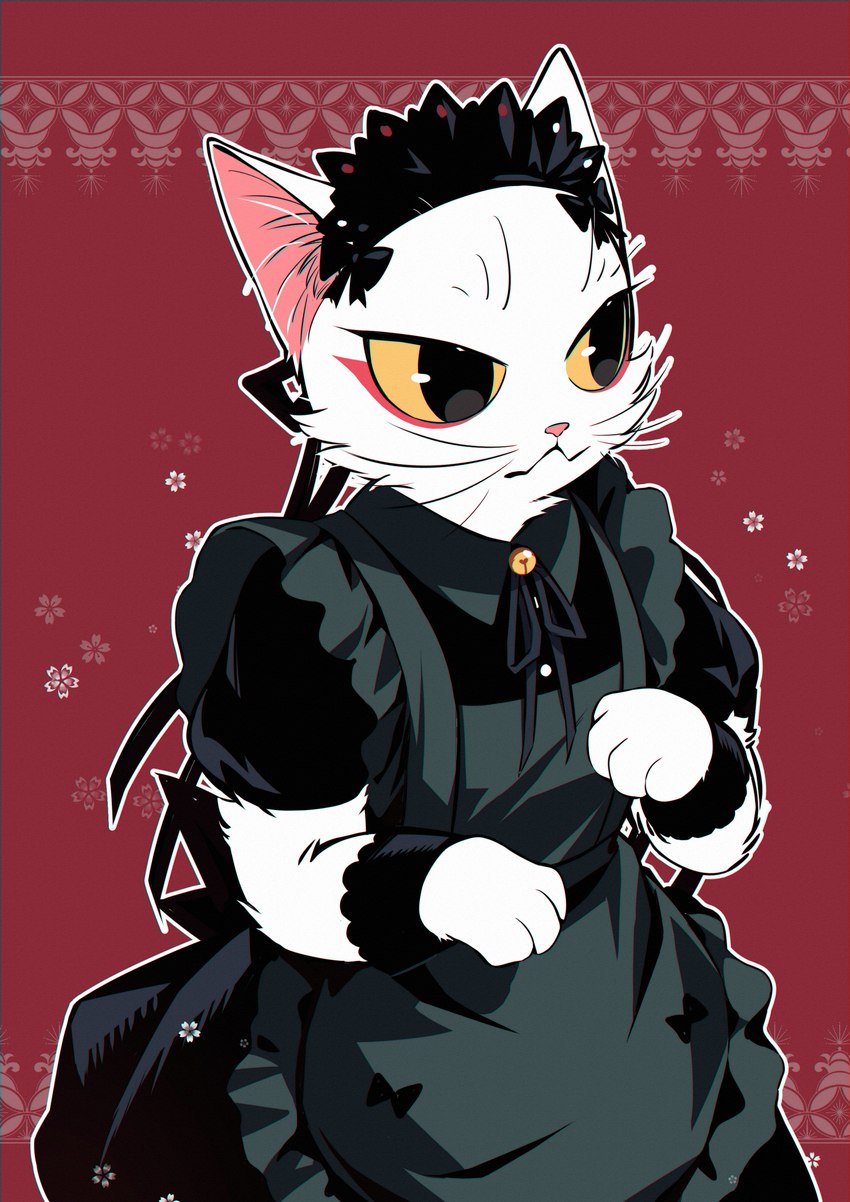 anthro clothed clothing crossdressing fur maid_uniform paws simple_background solo uniform white_body white_fur yellow_sclera lao_xian white_cat_legend li_bing_(white_cat_legend) domestic_cat felid feline felis mammal 2020 absurd_res hi_res