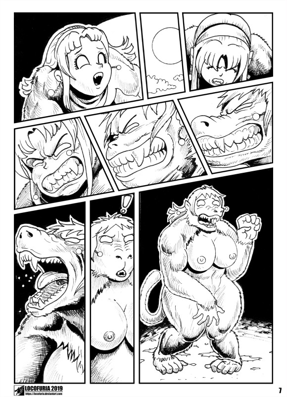 accessory breasts ear_piercing ear_ring embarrassed fangs female fur fused growth hair headband long_hair moon muscular muscular_female night nipples nude overweight overweight_female piercing ring_piercing roaring rock snout snout_growth solo teeth text transformation locofuria dragon_ball bra_(dragon_ball) pan_(dragon_ball) mammal oozaru primate saiyan comic hi_res monochrome url