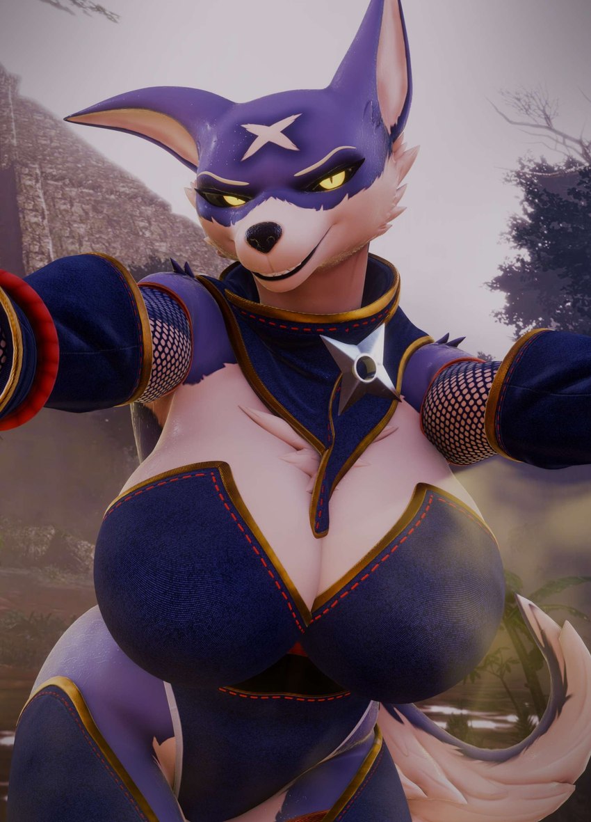 anthro bedroom big_breasts black_sclera blue_body blue_fur breasts camera cleavage clothed clothing cloud cloudy_sky countershading female fishnet_clothing fluffy fluffy_tail fore_head_mark fur grin holding_camera holding_object leaning leaning_forward legwear looking_at_viewer outside plant ranged_weapon reaching_out scarf shuriken sky smile solo structure tail teeth tree weapon white_body white_fur yellow_eyes kaizosn capcom monster_hunter le_chumsky canyne palamute 3d_(artwork) absurd_res blender_(artwork) digital_media_(artwork) hi_res