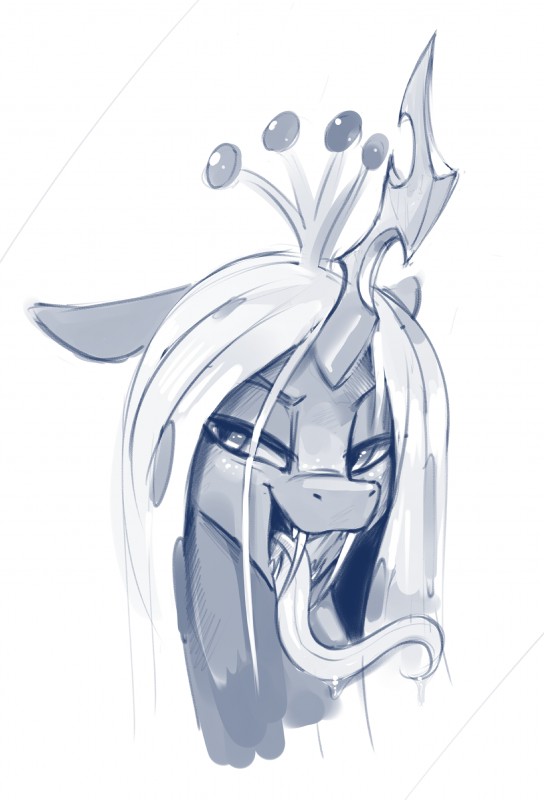 bedroom_eyes bodily_fluids fangs half-closed_eyes long_tongue narrowed_eyes open_mouth open_smile saliva seductive simple_background smile solo teeth tongue dimfann friendship_is_magic hasbro my_little_pony queen_chrysalis_(mlp) arthropod changeling absurd_res blue_and_white hi_res monochrome