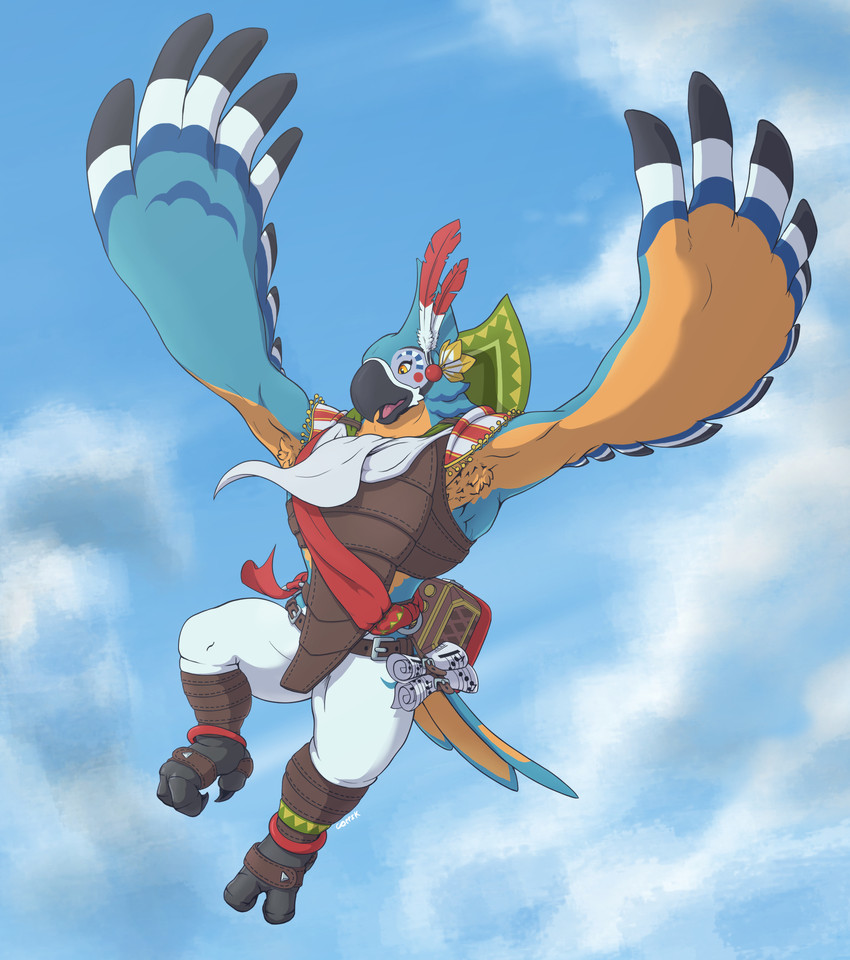 anthro armpit_hair beak body_hair clothed clothing cloud feathers flying male outside sky solo corrsk breath_of_the_wild nintendo the_legend_of_zelda kass_(tloz) avian bird rito digital_media_(artwork) hi_res