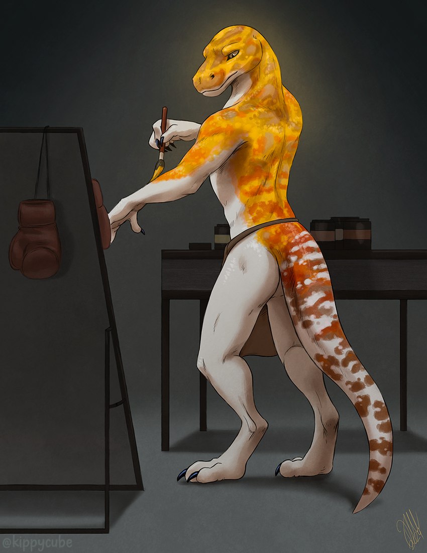 anthro bodypaint bottomwear boxing_gloves brush butt claws clothing digitigrade glowing handwear inside loincloth male nude paint paintbrush painting painting_(action) rear_view solo white_body kippycube lizard reptile scalie 2024 digital_media_(artwork) signature