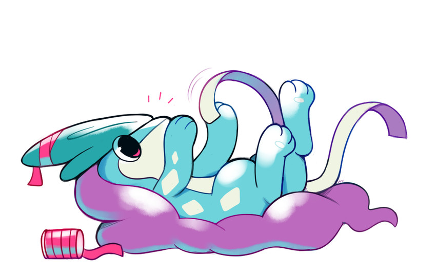 ambiguous_gender blue_body blue_fur chibi feral fur hair lying on_back playing purple_hair quadruped ribbons solo happycrumble nintendo pokemon generation_2_pokemon legendary_pokemon pokemon_(species) suicune 2017 digital_media_(artwork)