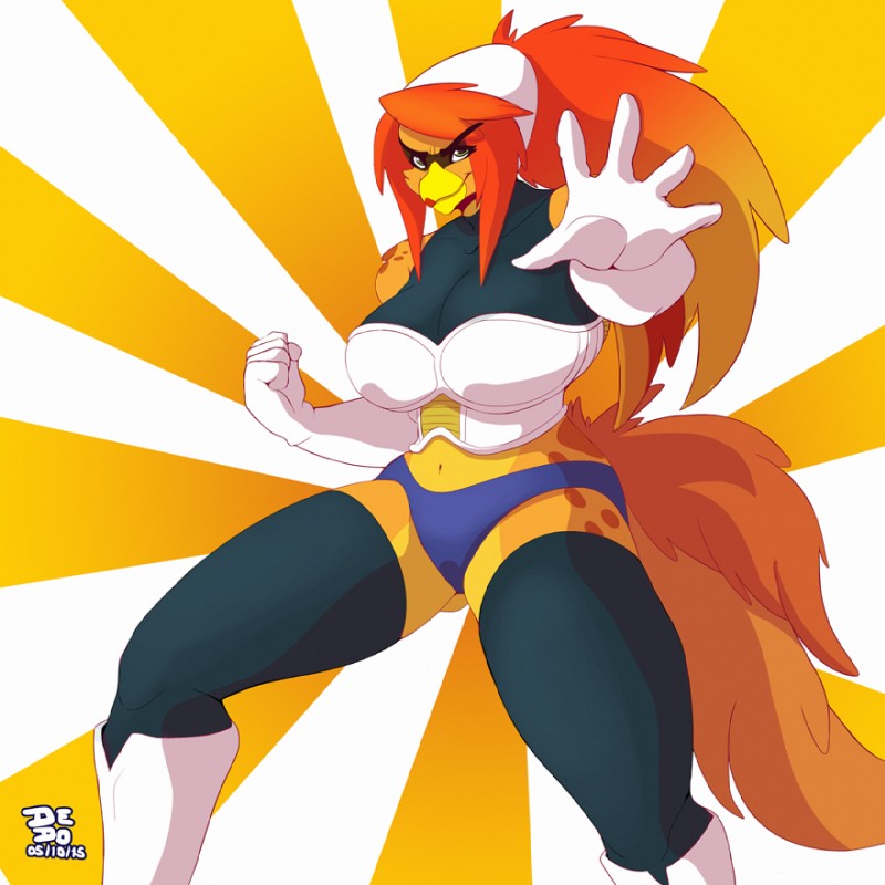 5_fingers abstract_background anthro armor biped boob_armor boots breastplate breasts clothing cosplay female fingers footwear gloves hair handwear legwear long_hair looking_at_viewer navel non-mammal_breasts orange_hair pose shoes simple_background solo standing stockings thigh_highs dedoarts dragon_ball european_mythology greek_mythology mythology katrice_breewing avian hybrid mythological_avian mythological_bird mythological_creature mythological_firebird phoenix 1:1 2015