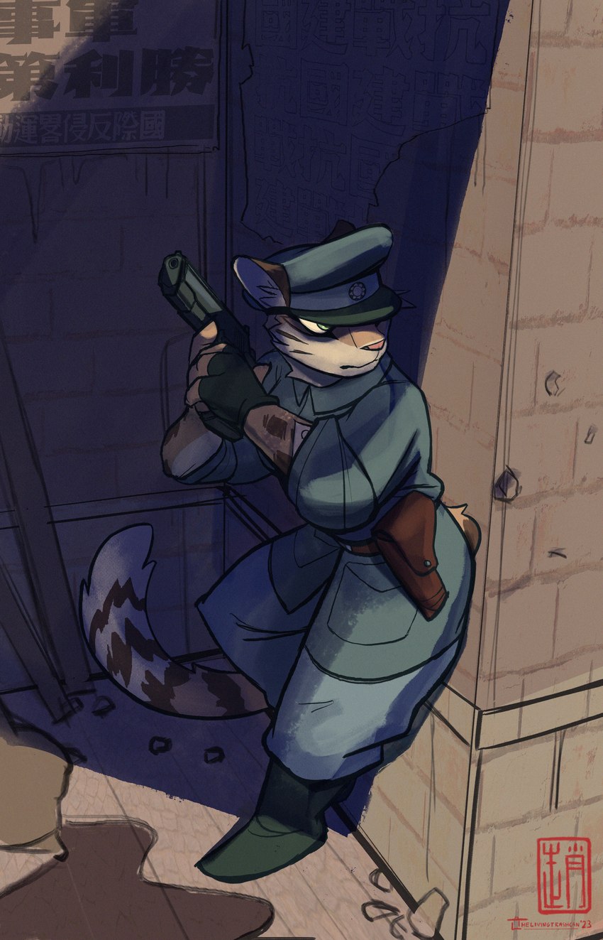 alley anthro asian_clothing behind_wall chinese_clothing city clothed clothing east_asian_clothing female fingerless_gloves fully_clothed gloves green_eyes gun handgun handwear hat headgear headwear holding_gun holding_handgun holding_object holding_pistol holding_ranged_weapon holding_weapon holster looking_away m1911 military military_cap military_uniform outside pistol ranged_weapon sign soldier solo tail text uniform urban warrior weapon thelivingtrashcan song_yuehan clouded_leopard felid mammal pantherine 2023 absurd_res chinese_text hi_res translated