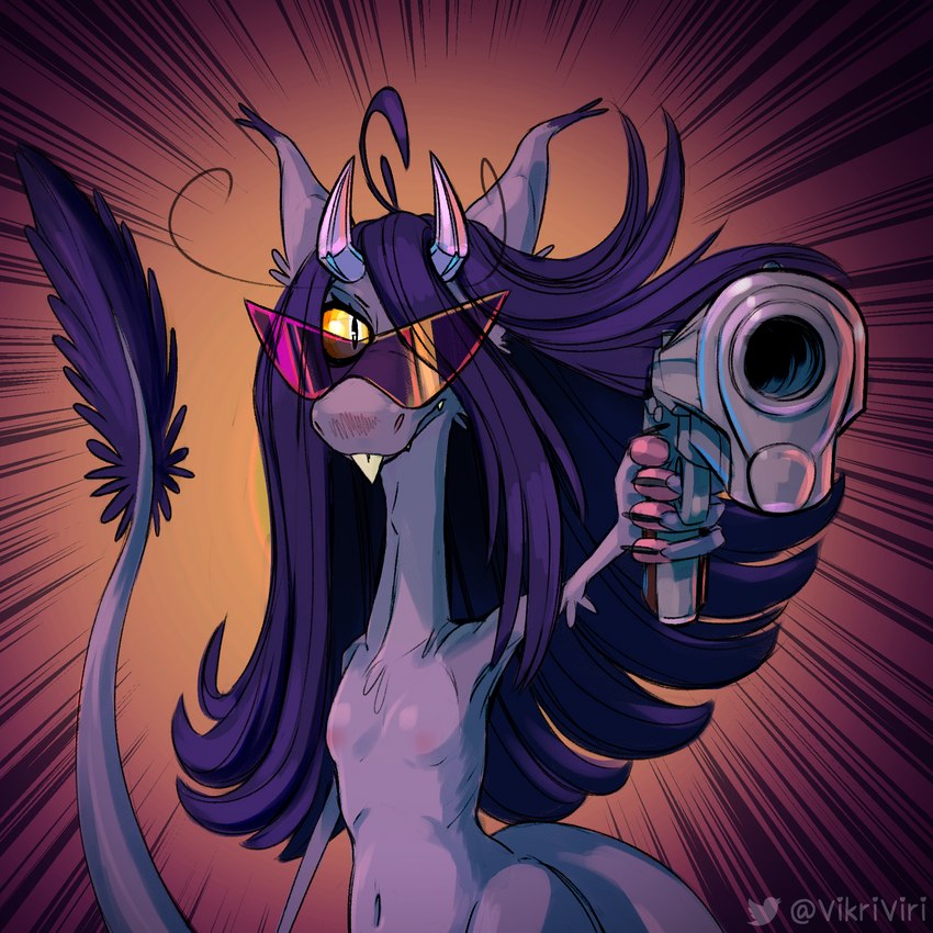 action_pose anthro breasts eyewear eyewear_only female front_view gun hair hair_over_eye holding_gun holding_object holding_ranged_weapon holding_weapon horn long_hair looking_at_viewer navel nude one_eye_obstructed pointing_gun pointing_gun_at_viewer pose purple_body purple_hair ranged_weapon small_breasts snaggle_tooth solo sunglasses sunglasses_only tail tail_tuft threatening threatening_viewer threatening_with_weapon tuft weapon yellow_sclera vikriviri out-of-placers amy_(vikri) mammal yinglet 1:1 2022 hi_res portrait three-quarter_portrait