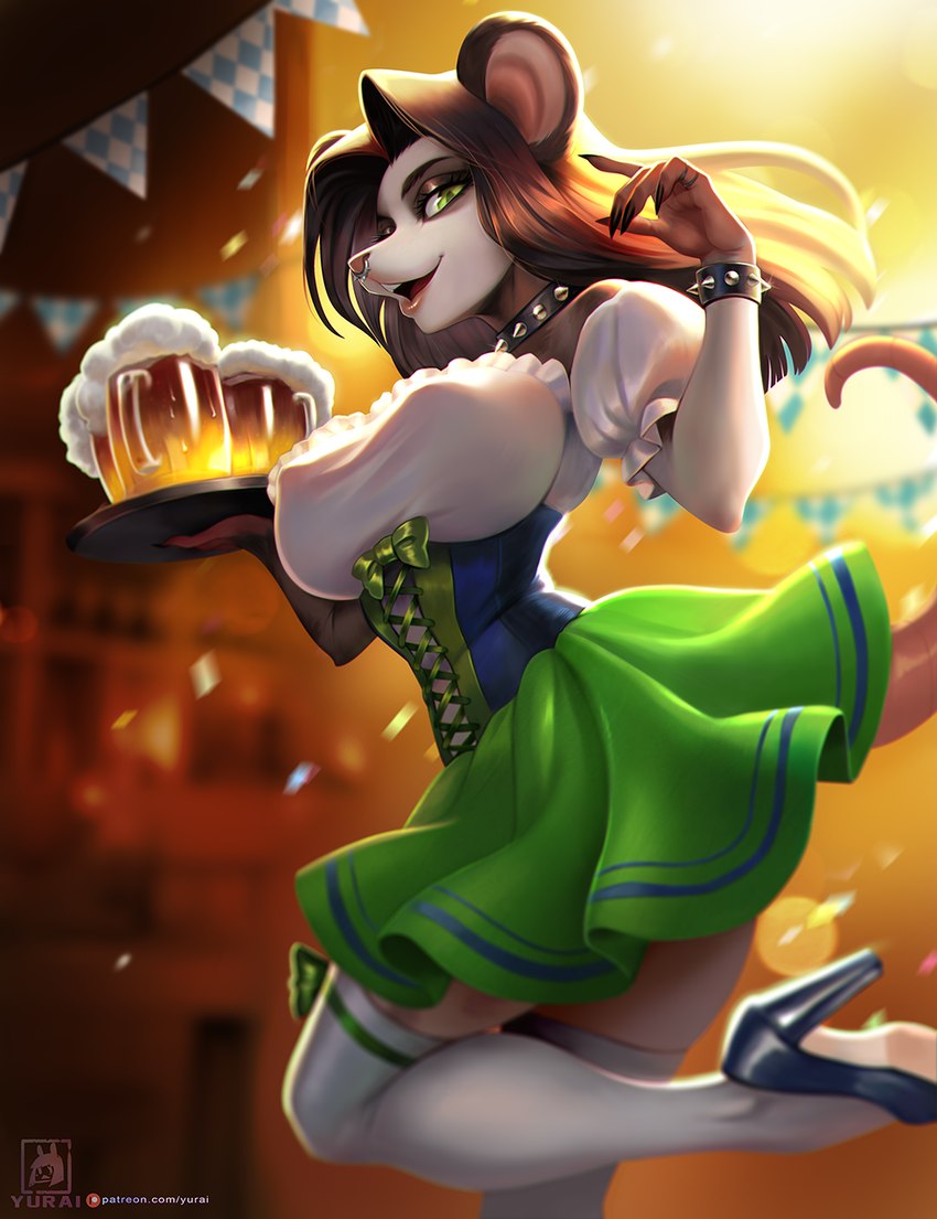 5_fingers alcohol anthro barmaid beer beer_mug beverage big_breasts black_hair blurred_background bow_ribbon bracelet breasts clothed clothing collar dirndl dress eyebrows eyelashes facial_piercing female fingers footwear fully_clothed green_eyes hair high_heels holding_tray holidays jewelry legwear long_hair nipple_outline nose_piercing nose_ring open_mouth open_smile piercing ring_piercing septum_piercing septum_ring shoes smile solo spiked_bracelet spiked_collar spikes stockings text thigh_highs tray yurai oktoberfest mo_(angelcalypso) mammal murid murine rat rodent 2023 artist_name hi_res url