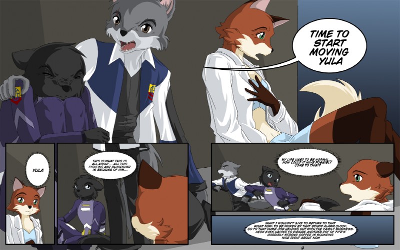 anthro battle clothed clothing dialogue female gun male military ranged_weapon text weapon kurapika raven_wolf eve_cadrey teddy_conner yula_(raven_wolf) canid canine canis fox mammal wolf comic english_text