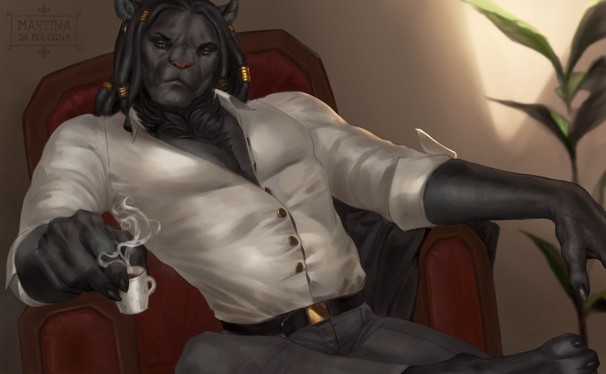 anthro beverage black_body black_fur clothed clothing coffee dreadlocks fur gold_(metal) gold_jewelry jewelry male muscular muscular_anthro muscular_male solo thescarletartist horus_wild felid lion mammal pantherine absurd_res hi_res