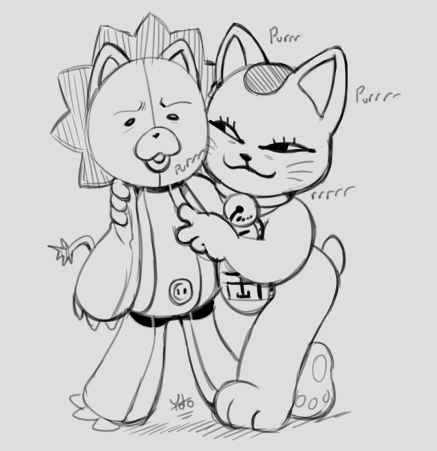 anthro bell bell_collar collar duo female male male/female plushie purring yotomoe bleach_(series) dandadan maneki-neko kon turbo_granny_(dandadan) animate_inanimate domestic_cat felid feline felis lion living_plushie mammal pantherine 2024 crossover monochrome