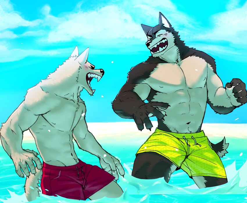 anthro beach big_muscles bottomwear clothed clothing fur group male male/male muscular muscular_anthro muscular_male outside romantic romantic_couple seaside simple_background smile swimwear white_body white_fur nomifuki kuro_(nomifuki) shiro_(nomifuki) canid canine canis domestic_dog mammal 2020