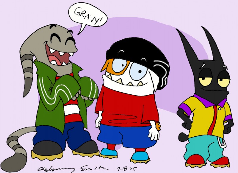 anthro bottomwear clothed clothing footwear fully_clothed group hands_on_hips male pants shirt shoes shorts standing toony topwear t-shirt unknown_artist cartoon_network catscratch ed_edd_n_eddy nickelodeon edd_(eene) eddy_(eene) ed_(eene) gordon_quid mr._blik waffle_aliquis domestic_cat felid feline felis mammal 2005 crossover